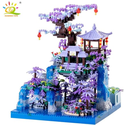 MOC Oud Architectuur Model Perzikbloesem Kasteel Micro Bouwsteen Assemblage Diamant Blok Collectie Speelgoed Kinderen Cadeau Has light no box gray