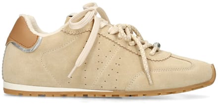Manfield - Dames - Beige suède sneakers met dubbele vetersluiting - Maat 41