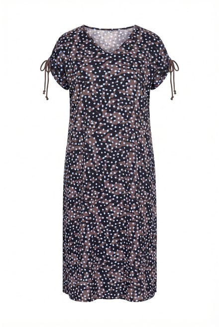 Ulla Popken - Dames - Midi-jurk polka dots V-hals schouderplooien - Donkertaupe - Maat 58+
