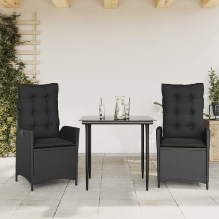 vidaXL - 3-delige - Tuinset - met - kussens - poly - rattan - zwart