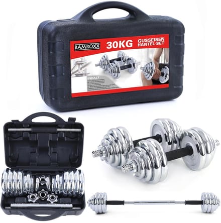 RAMROXX - Dumbbells set - halterset - 30 kg - gietijzer - chroom