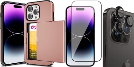 Hoesje met Pasjeshouder geschikt voor iPhone 15 Pro - Screenprotector FullGuard & Camera Lens Screen Protector Zwart - Back Cover SlideCase Roségoud