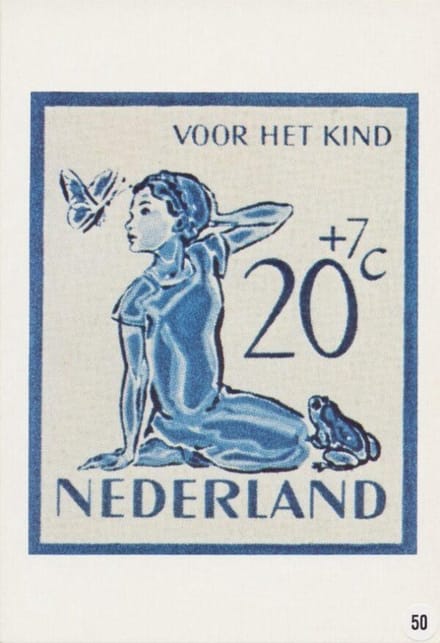 Briefkaart met afbeelding meisje met vlinder en kikker postzegel