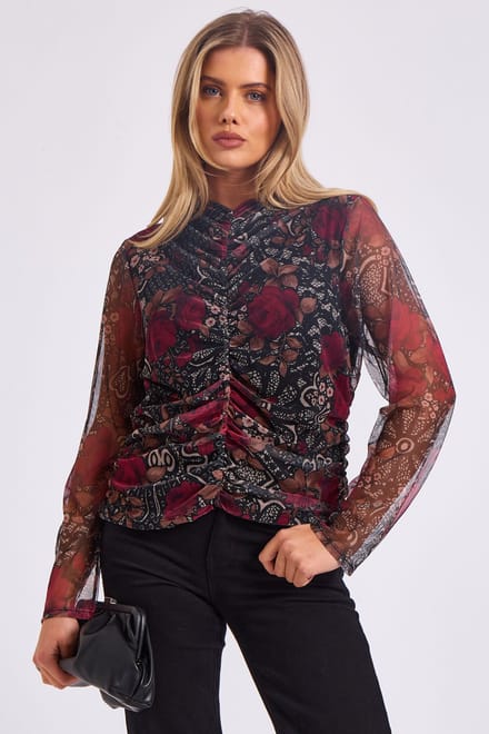 Top met meshprint en gerimpelde voorkant