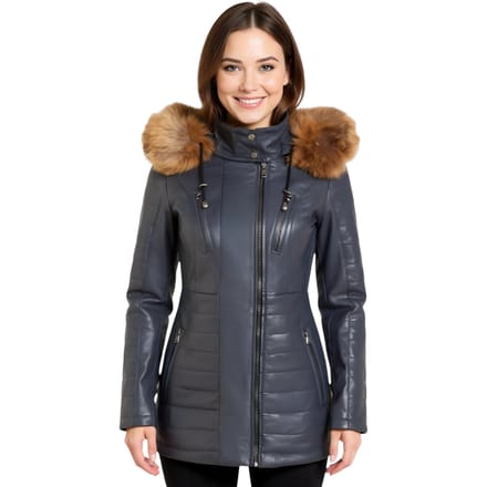 Damesblauwe gewatteerde leren parka-jas in marineblauw - Bowen