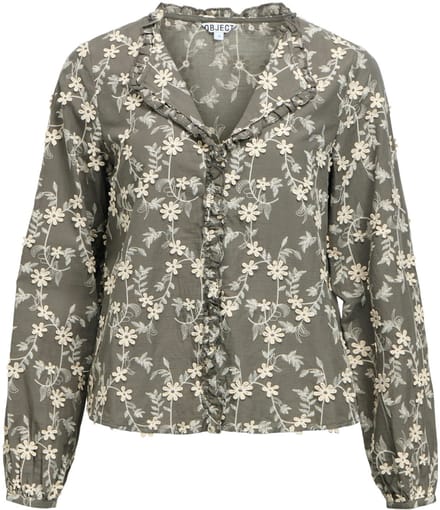 Object Blouse Objkarli L/s Re Shirt Noos 23049209 Gunmetal/sandshell Embroidery Dames Maat - W34