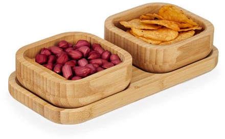Kinvara Snack serveer schaaltjes op plank - set van 2 - bamboe hout - tapas/nootjes/saus bakjes