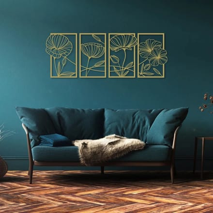 Metalen Wanddecoratie Klaprozen – 3D Wandkunst – Goud – 100 x 60 cm