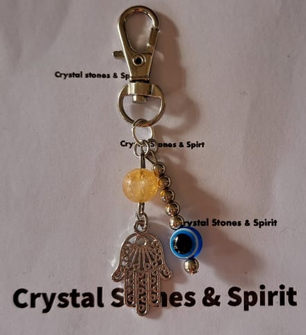 Boze Oog / Khamsa met Citrien, sleutelhanger zilverkleurig
