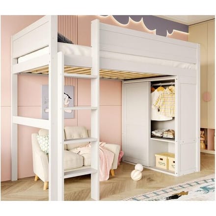 ModernLuxe Hoogbed 90x200 cm - met kast + opbergruimte - open ruimte onder het bed - wit (zonder matras)