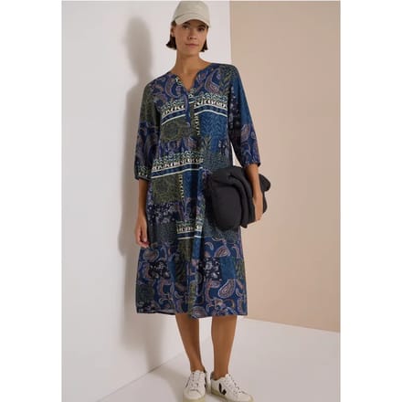 Midi-jurk met split in de hals en patchwork-print