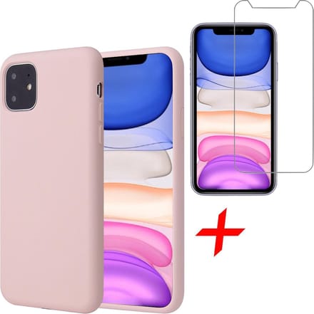 Hoesje geschikt voor iPhone 11 - Screenprotector GlassGuard - Roze Liquid Siliconen Case