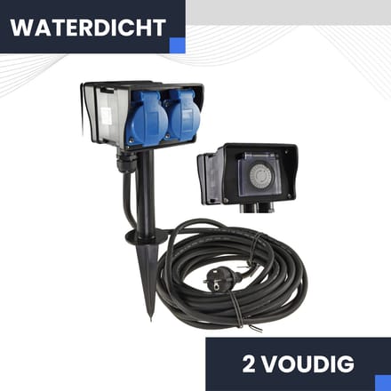 Buitenstopcontact 2 voudig met timer IP44 Incl. 3 meter lange kabel