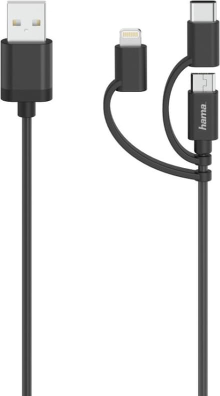 Hama Micro-USB-kabel 3in1 Incl. Adapt. Naar USB-C & Lightning USB 2.0 0,75 M