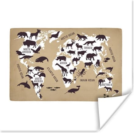 Wereldkaart Kinderen - Wit - Dieren - 30x30 cm - Poster