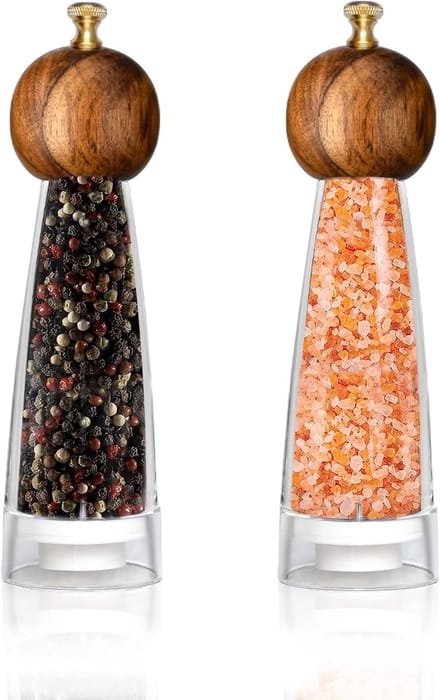 Classic Manual Transparent Pepper Mill and Salt Mill Set - 2 Pieces 20 cm - Solid Wood Hand Shaker Rotor - Ceramic Core with Adjustable Coarse Mill for Pepper and Salt
