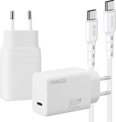 Phreeze usb C oplader 65w met kabel 1m - Power Delivery snellader - laptop oplader usb C - usb C adapter - stekker - lader - usb c