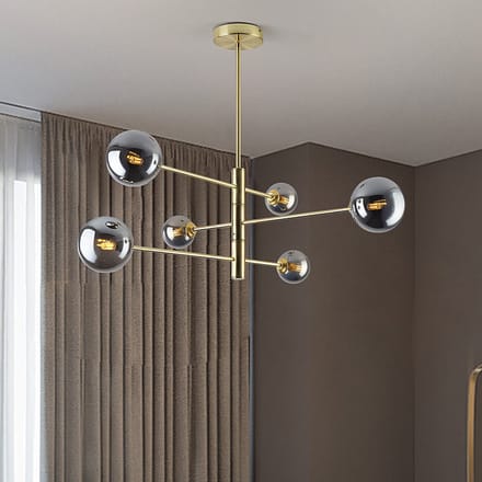 Plafondlamp Sest goud met smoke glas, 6-lichts