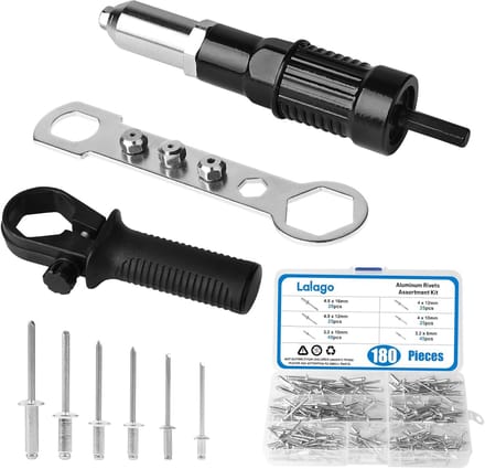 LALAGO Rivet Pliers with 180 Pcs Blind Rivets, Rivet Attachment for Drill, Cordless Screwdriver, Electric Blind Rivet Adapter, Adapter Kit with 6 Sizes Pop Rivets