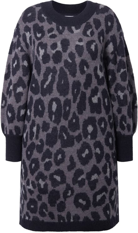Studio Untold - Dames - Gebreide jurk oversized luipaardmotief ballonmouwen - Antraciet - Maat 46+