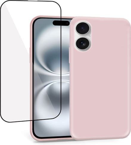 Geschikt voor Apple iPhone 16 Plus - Hoesje + Screenprotector – Full Cover Gehard Glas – Suède Back Cover Case Rose
