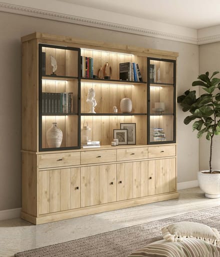 Belfurn - Balencia Vitrinekast 240cm – open middenvak met 2 glasdeuren en LED verlichting – lichte eik