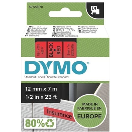 DYMO D1 Labels 12mm x 7m Roll Zwart Print on Rood Self-Adhesive Labels for LabelManager Label Printers Authentic