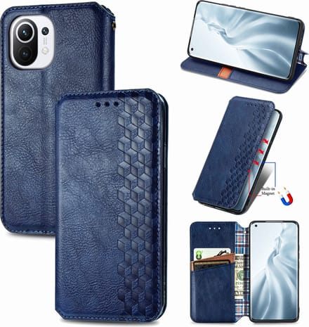 Luxe PU Lederen Ruitpatroon Wallet Case + PMMA Screenprotector voor Xiaomi Mi 11 _ Blauw