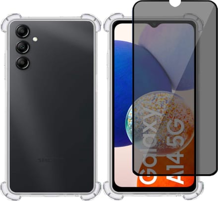 Hoesje geschikt voor Samsung A14 5G + Privé Screenprotector – Privacy Tempered Glass - Case Transparant