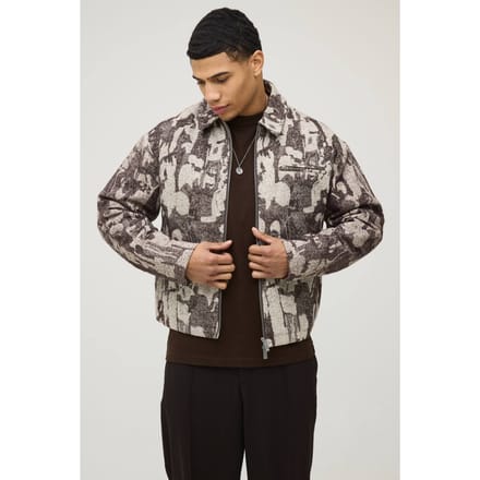 Boxy Fit Getextureerde Jacquard Harrington Jas | Brown | Size Medium