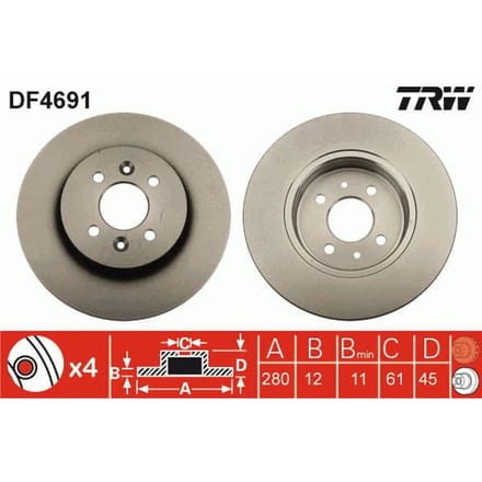 Remschijf TRW DF4691 achter, volledig, 1 Stuk
