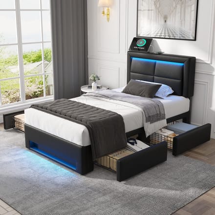 Gestoffeerd Bed - 90x190 cm - Met USB, LED en 4 Lades - PU - Zwart