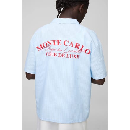 Oversized Geborduurd Gestreept Seersucker Revere Shirt | Light Blue | Size Medium