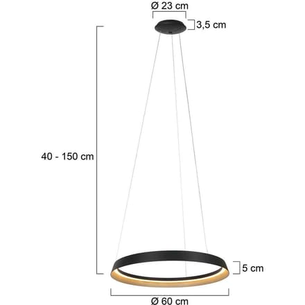 Hanglamp Ringlux 3692ZW Zwart Ø60cm Hoogteverstelbaar LED Metaal Steinhauer
