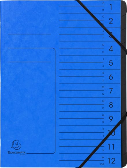 Exacompta 10x Sorteermap met vaste rug - elastosluiting - zwarte binnenafwerking - 12 vakken - A4 - Blauw - 541202E