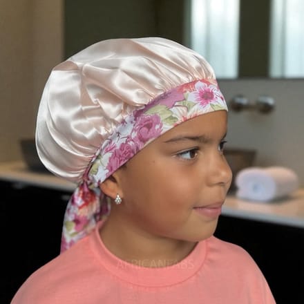 Bloem Satijnen slaapmuts met bandjes (kinderen / kindermaat 3-7 jaar) (Kinder Haar Bonnet) – AfricanFabs®