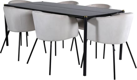 Pelle eethoek eetkamertafel zwart en 6 Berit eetkamerstal velours beige.