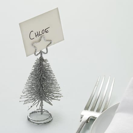 Plaatskaart kerstbomen zilver 4 stuks