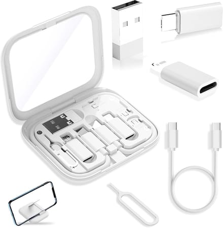 Oneay USB C naar USB A Adapter USB-C Reisadapterset voor iPhone, Pixel & Galaxy: USB-A naar C, Micro-USB naar C, Type-C naar Lightning, Korte USB-C-kabel, OTG, Spiegelhoesje - Wit
