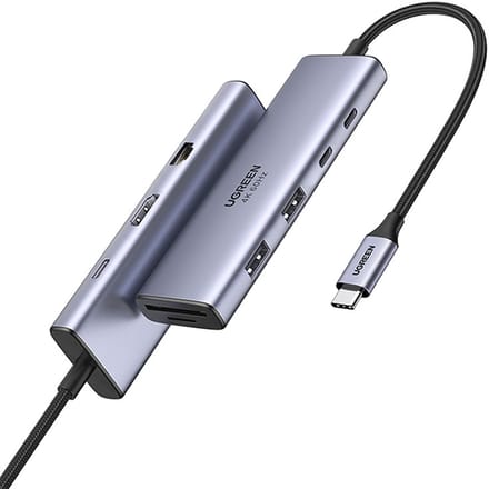 USB-C Hub UGREEN CM498 (15375), 2 x USB-A - 3 x USB-C - 1 x HDMI - 1 x RJ45 - 1 x SD - 1 x microSD, Grijs
