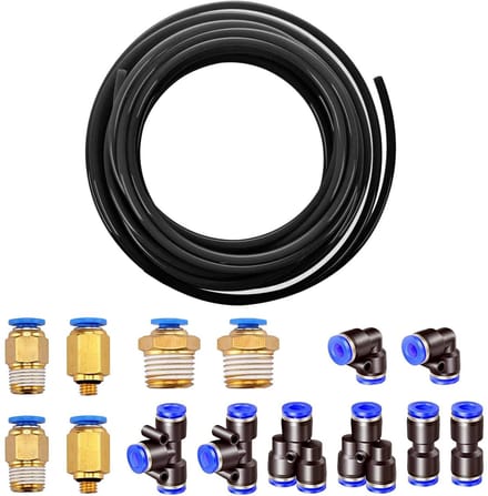 Zwart lucht slang, flexibel, 10 meter, 8 stuks fittingen.