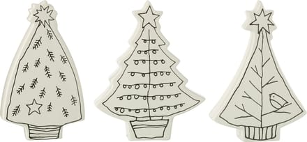 J-Line decoratie Kerstboom dolomite - keramiek - wit/zwart - 3 stuks