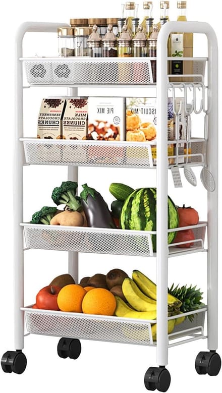 Slim Storage Trolley - Opbergrek Mobiel - Ruimte Optimaliseren - Met Zijhaken - 4 Tier - Wit