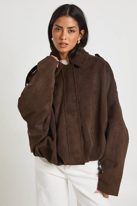 boohoo Dames Suede Bubble Zoom Bomber Jacket | Chocoladebruin | Maat: 42