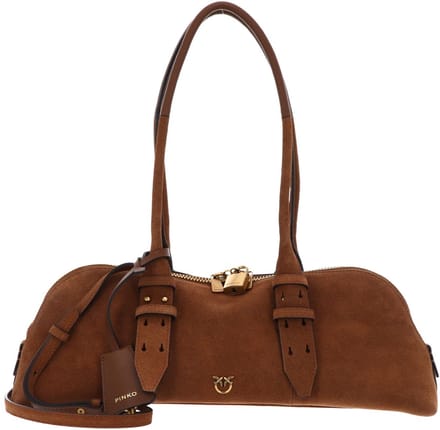 PINKO handtas schoudertas Bowling Horizontal Big Suede + Brown - Lion - Antique Gold bruine