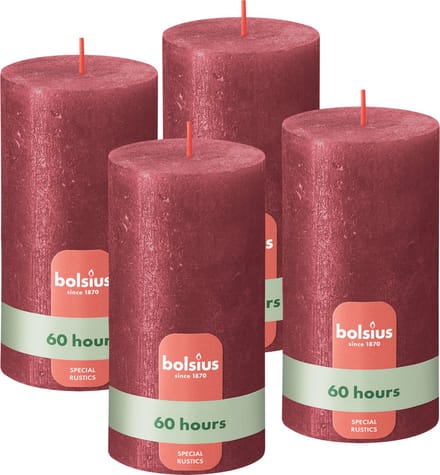 Bolsius - Rustieke kaars Shimmer - 4 Stuks - Metallic Rood - 13cm - 60 Branduren