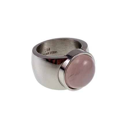 Grote Ring met Rozenkwarts Steen, Gepolijst RVS, Brede Ring Dames