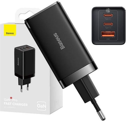 Baseus GaN5 Pro Wandoplader 65W - Snellaad reisoplader met USB C, PD, QC, AFC voor iPhone 18-serie - Zwart EU versie inclusief 100W C-C kabel