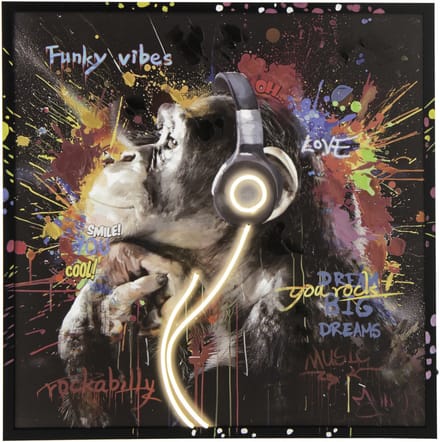 J-Line schilderij Monkey Headphone Vierkant - canvas - mix - LED lichtjes