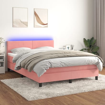 vidaXL - Boxspring - met - matras - en - LED - fluweel - roze - 140x190 - cm